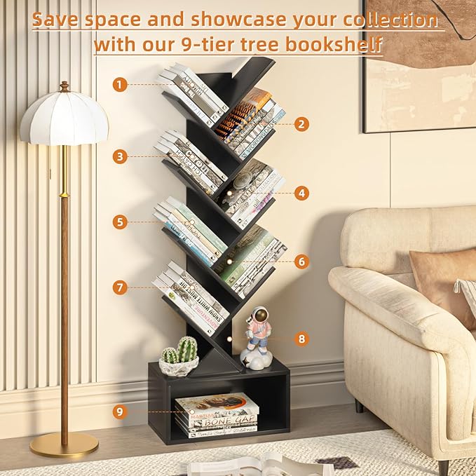 9 Tier Tree Bookshelf,Christmas Green Bookcase for Narrow Space, Storage Organizer Floor Standing Bookshelves for Books, Tall Book Case for Home Office, Living Room, Bedroom