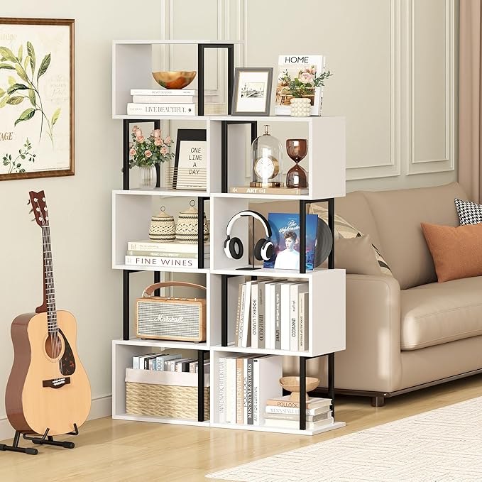 Yusong Bookshelf 5-Tier, Geometric Bookcase S Shaped Book Shelves for Bedroom, Modern Wood Decorative Display Shelf Book Case for Home Office, White and Black