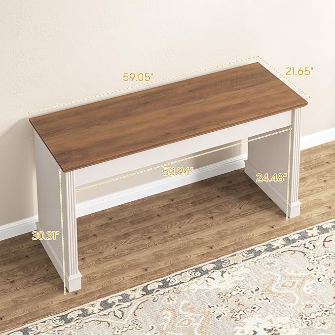 Farmhouse 59" Executive Computer Desk, Simple and Spacious Workstation for Remote Work & Study, Home Office, Unique White
