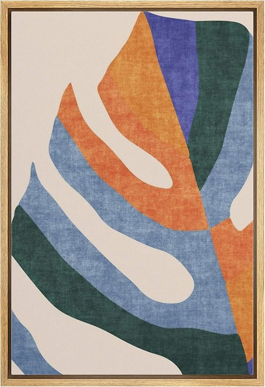 IDEA4WALL Framed Canvas Print Wall Art Orange, Blue & Green Abstract Monstera Leaf Geometric Shapes Illustrations Modern Art Mid-Century Modern for Living Room, Bedroom, Office - 24"x36" Natural