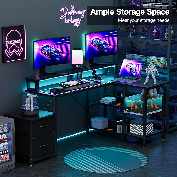 YOUNGAR L Shape Gaming Desk with File Drawers&Power Outlet, 69.3 Inch Reversible 2 Person Desk,Corner L Shape or Long Desk Set up,Monitor Stand &Storage Shelves, LED Lights &CPU Stand,Black
