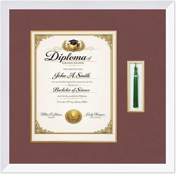 CountryArtHouse Diploma and Tassel Frame Fits 10 x 13 College Diploma (Portrait Traditional) Bright White Genuine Hardwood Shadowbox with Dark Red Over Metallic Gold Double mat