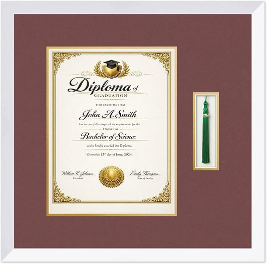 CountryArtHouse Diploma and Tassel Frame Fits 10 x 13 College Diploma (Portrait Traditional) Bright White Genuine Hardwood Shadowbox with Dark Red Over Metallic Gold Double mat