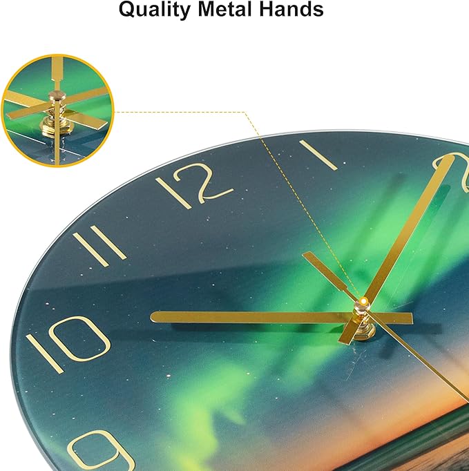 VIKMARI 10 Inch Modern Wall Clock, Aesthetic Black and Gold Decor Accessories, Unusual Silent Non Ticking Aurora Clocks for Living Room/Kitchen/Bedroom/Bathroom/Office (Glass)