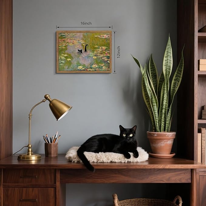 Framed Cat Wall Art, Pink Whimsical Claude Monet Wall Decor, Funny Black Cat Bathroom Pictures Paintings, Vintage Cute Animal Water Lilies Aesthetic Posters Prints for Bathroom Bedroom 12x16 Inch
