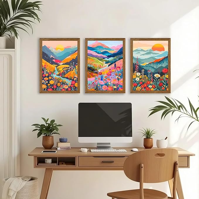 InspiredHues Colorful Mountain Boho Canvas Wall Art Set, 3 Piece Watercolor Flower Picture Wall Decor, Abstract Nature Landscape Artwork Prints for Living Room Bedroom Office 12x16 In Wood Framed