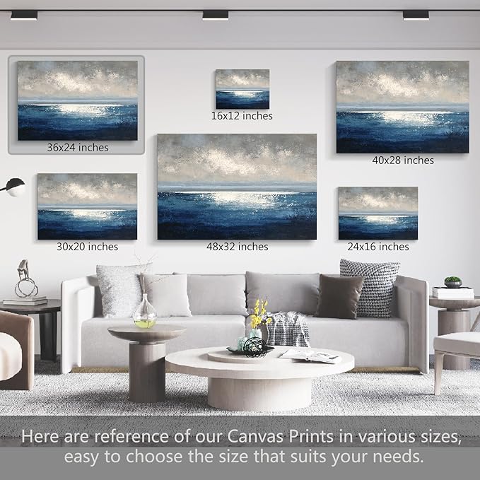 gaosoul Modern Blue Abstract Canvas Wall Art Hand Painted Oil Seascape Prints with Gradient Ocean Blues Misty Gray Sky Gallery Wrapped Wall Decor for Living Room Bedroom Office Framed 36x24in