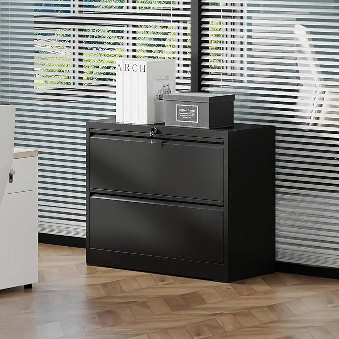 KEIKI 2 Drawer Lateral File Cabinet with Lock, Metal Filing Cabinet, Wide Storage for Letter/Legal/A4/F4, Anti-Tilt Safety, Quiet Full-Extension Slides for Home Office, Black