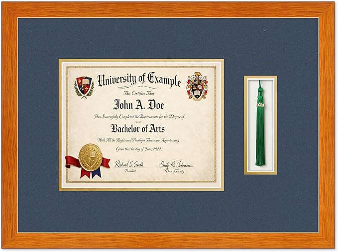 Diploma and Tassel Frame Fits 10 x 8 Professional License with Tassel Hook Honey Oak Genuine Hardwood Shadowbox with Navy Blue Over Metallic Gold Double mat