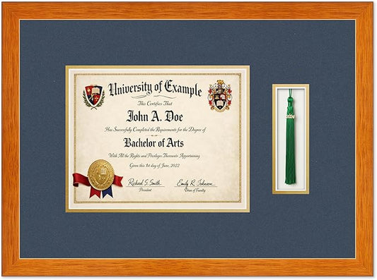 Diploma and Tassel Frame Fits 10 x 8 Professional License with Tassel Hook Honey Oak Genuine Hardwood Shadowbox with Navy Blue Over Metallic Gold Double mat