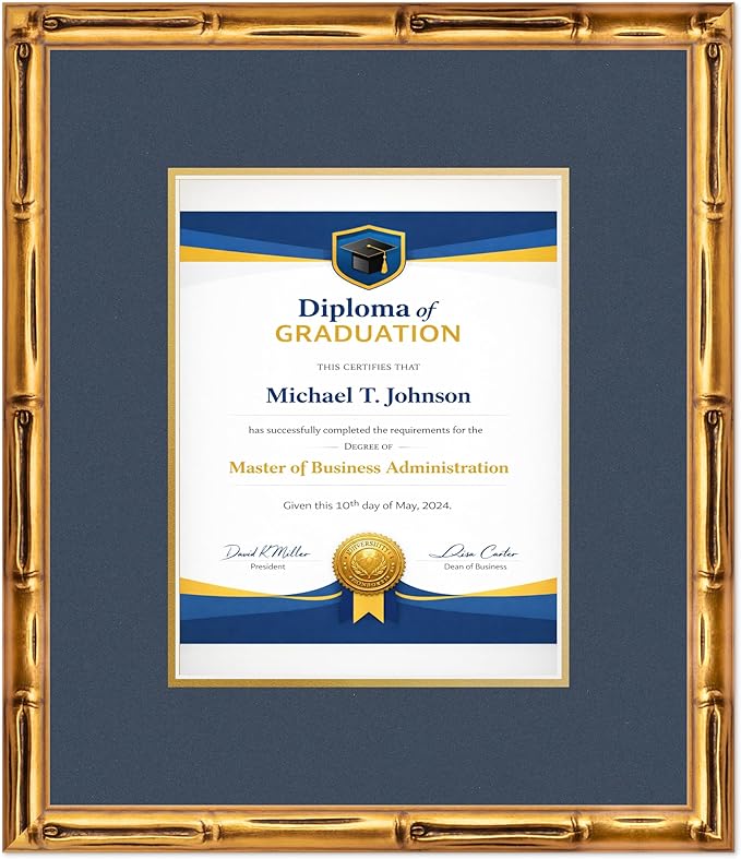 Diploma Frame Gold Bamboo with Navy Blue Over Gold Double Mat - Fits 8.5 x 11 Certificate (Portrait) Wall Display Made in the USA
