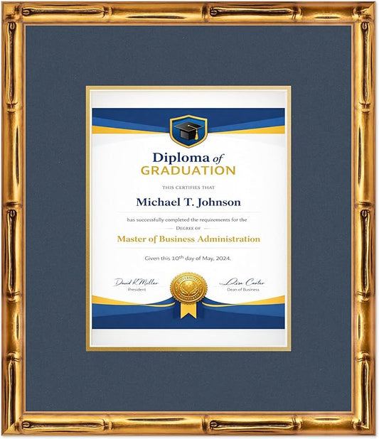 Diploma Frame Gold Bamboo with Navy Blue Over Gold Double Mat - Fits 8.5 x 11 Certificate (Portrait) Wall Display Made in the USA