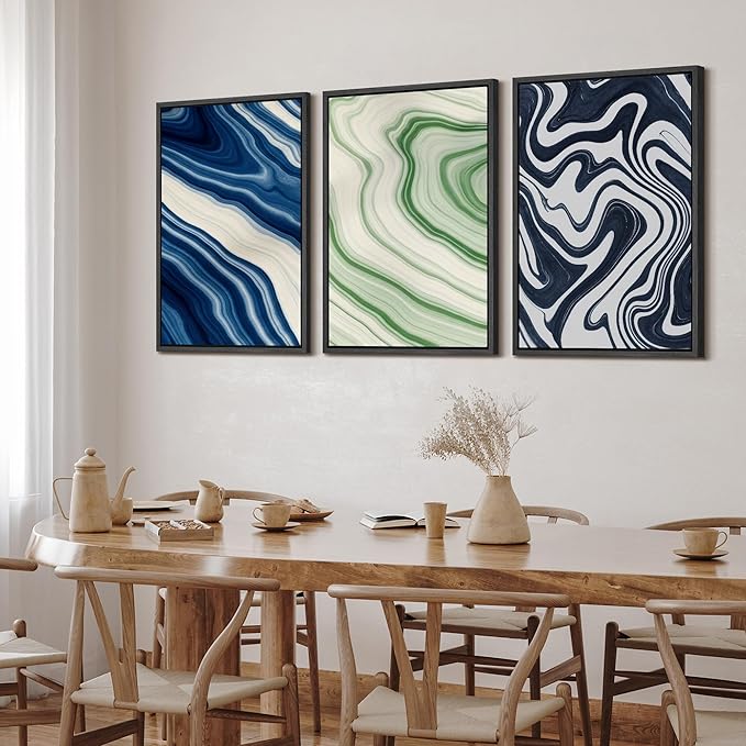 SIGNFORD Framed Wall Art Print Set Blue and Green Marble Swirl Abstract Bold Digital Art Modern Art Contemporary for Living Room, Bedroom, Office - 16"x24"x3 BLACK