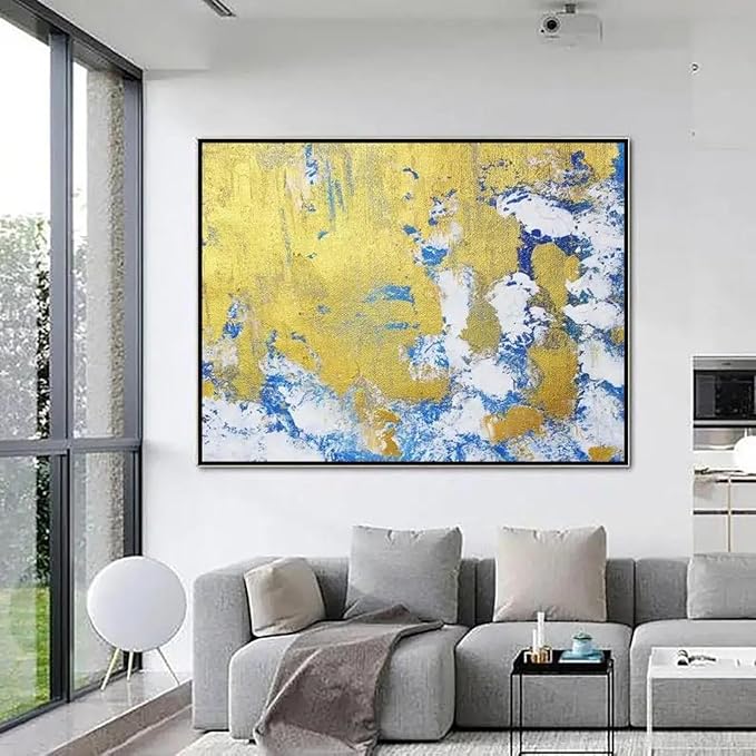 ZHMANLUCK Large Painting Office Wall Decorations Abstract Blue Gold Painting Modern Abstract Painting Art Canvas Wall Decor Pictures 60x80cm(24x32inch) with-Black-Frame