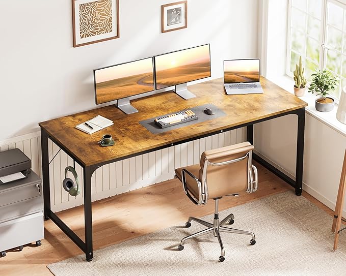 Casaottima 63 Inch Computer Desk for Home Office, Study Writing Table for Small Spaces, Simple Modern Desk with Headphone Hooks, Rustic Brown