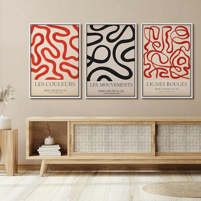 SIGNFORD Framed Wall Art Print Set French Modern Abstract Line Red and Black Curved Shapes Digital Art Modern Art Contemporary for Living Room, Bedroom, Office - 16"x24"x3 WHITE
