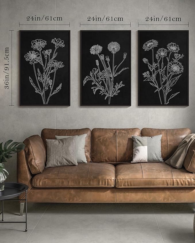 Drsoum Black White Flower Wall Art Vintage Minimalist Floral Wall Hanging Decor Bohemain Botanical Prints Artwork for Bedroom Living Room Hallway 24x36in Black Framed
