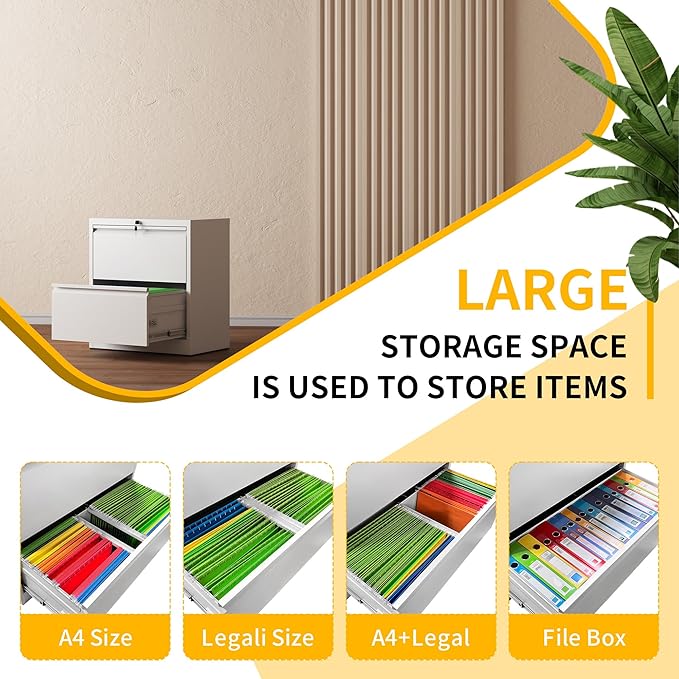 File Cabinet with Lock, 2 Drawer Filing Cabinets for Home Office, Metal Heavy Duty Lateral File Cabinet for Hanging Letter/Legal/F4/A4 Size Files, Assembly Required (White)