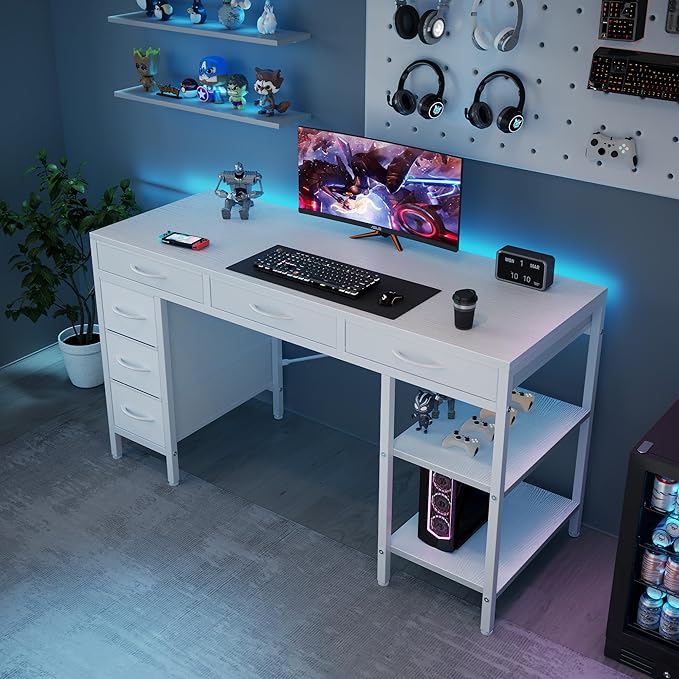 Sweetcrispy 55" Computer Desk with 6 Drawers, Home Office Gaming Desks with Storage Shelves for Bedroom, Writing Study Corner Living Room Work Table White
