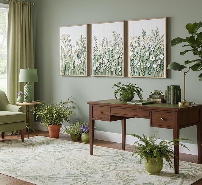 3 Pcs Framed Farm Sage Green Wildflowers Canvas Wall Art Neutral Minimalist Abstract Boho Floral Botanical Painting Pictures Wall Decor Poster Print Artwork for Living Room Bedroom Decoration