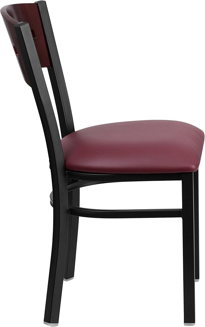 Flash Furniture HERCULES Series Black 4 Square Back Metal Restaurant Chair - Mahogany Wood Back, Burgundy Vinyl Seat