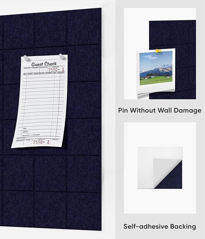 Large Cork Board for Walls 36" x 24", 6 Pack Felt Wall Tiles with Push Pins for Office Home, Pin Board Bulletin Board for Photo Pictures, Navy Blue
