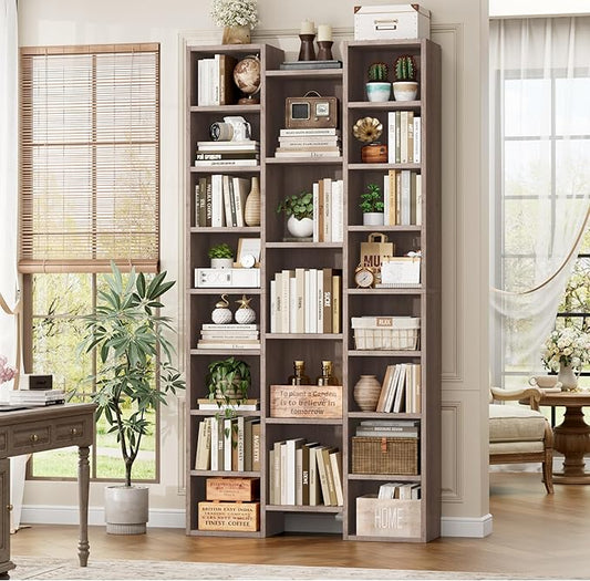 FOTOSOK 71'' Tall Bookshelf with 21 Cubes, 8 Tier Triple Wide Bookshelf with 8 Adjustable Shelves, 35" Large Bookcase DVD/CD Media Tower Storage, Freestanding Display Shelf Cabinet, Oak