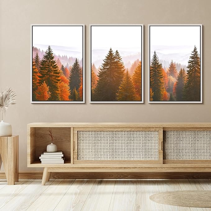 SIGNFORD Framed Wall Art Print Set Golden Autumn Forest Warm Sunrise Landscape Digital Art Modern Art Contemporary for Living Room, Bedroom, Office - 24"x36"x3 White