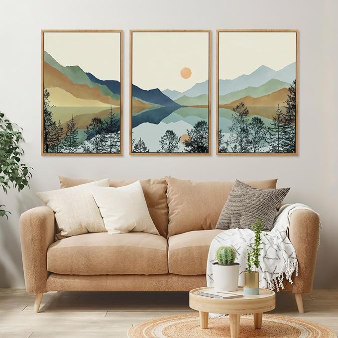 CHDITB Mountain Sun Forest Framed Art Prints(Set of 3, 24”x36”), Boho Watercolor Nature Landscape Canvas Artwork Painting, Abstract Foggy National Park Scenery Poster Decor for Living Room Bedroom
