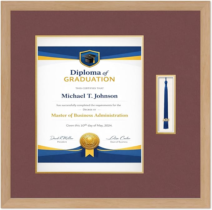 Diploma Frame with Tassel Holder Natural Wood Shadowbox Dark Red Over Gold Mat - Fits 11 x 14 Degree Made in the USA