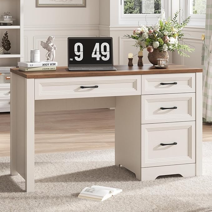 Vabches Farmhouse Executive Desk with Drawers, Home Office Desk with File Drawer, Wood Computer Desk with Ample Storage, Rustic Office Desk with Spacious Tabletop for Work, White