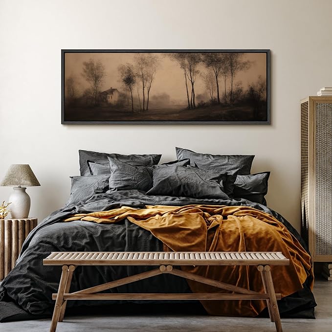 SIGNFORD Large Framed Canvas Print Wall Art Vintage Sepia Countryside Trees and Cottage Illustrations Modern Art Calm Warm for Living Room, Bedroom, Office - 60"x20"