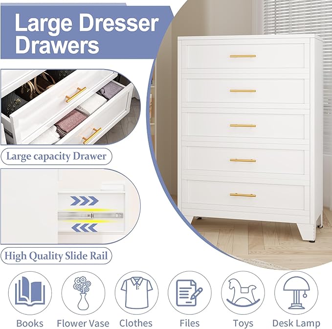 Tall 5 Drawers Dresser for Bedroom, Metal Drawer Dresser Chest Organizer, Drawer Cabinet for Home Office Collection and Storage Small Size Files (White)