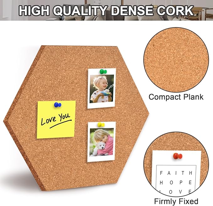 Small Hexagon Cork Board - Self Adhesive Cork Board Tiles for Walls, Cork Bulletin Board Hexagon for Home Office School Decor Memos Photos Display (3 Pcs)
