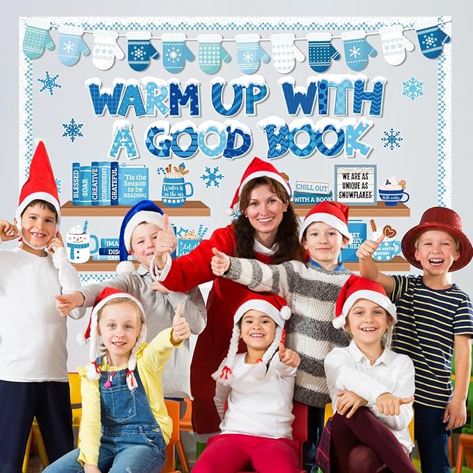 Pasimy 79 Pcs Winter Bookshelf Bulletin Board Decoration Warm Up with A Good Book Bulletin Board Snowflake Paper Cutout Winter Motivational Classroom Decor for School Chalkboard Window Wall Home Decor