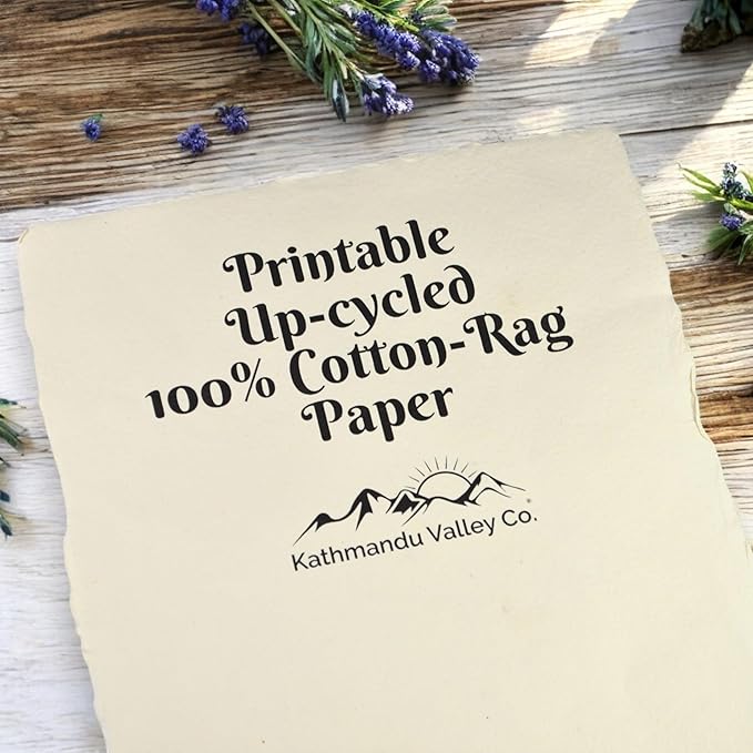 Kathmandu Valley Co. 8.5x11 inch 100% Cotton 90 GSM, Off-White Vintage Deckle-Edge Handmade Printer Paper from Recycled Textile Surplus for Inkjet and Laser Printers (100 Sheets)