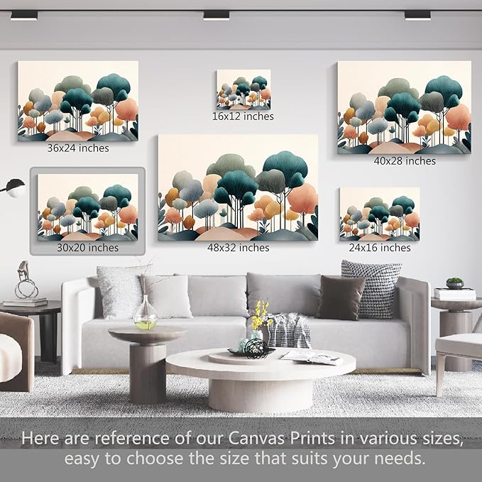 gaosoul Modern Abstract Canvas Wall Art Oil Painting Giclee Print of Geometric Forest in Teal Pink Amber with Black Trunks Serene Beige Background for Living Room Bedroom Decor Framed 30x20in