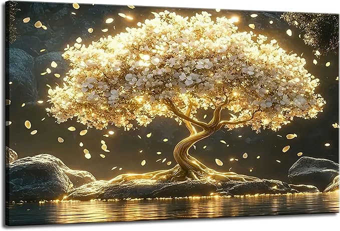 Large Tree of Life Canvas Wall Art Abstract Gold Tree Mountain Lake Decor painting Pictures Nordic Golden White Flowers Posters Prints for living room Bathroom Bedroom Office Hallway Home Decoration