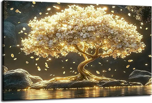 Large Tree of Life Canvas Wall Art Abstract Gold Tree Mountain Lake Decor painting Pictures Nordic Golden White Flowers Posters Prints for living room Bathroom Bedroom Office Hallway Home Decoration