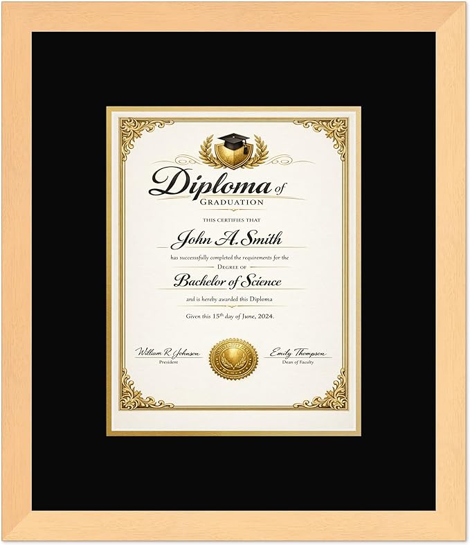 CountryArtHouse Diploma Frame Fits 8.5 x 11 Certificate (Portrait) - Keepsake Graduation Display Natural Wood Genuine Hardwood with Black Over Metallic Gold Double mat