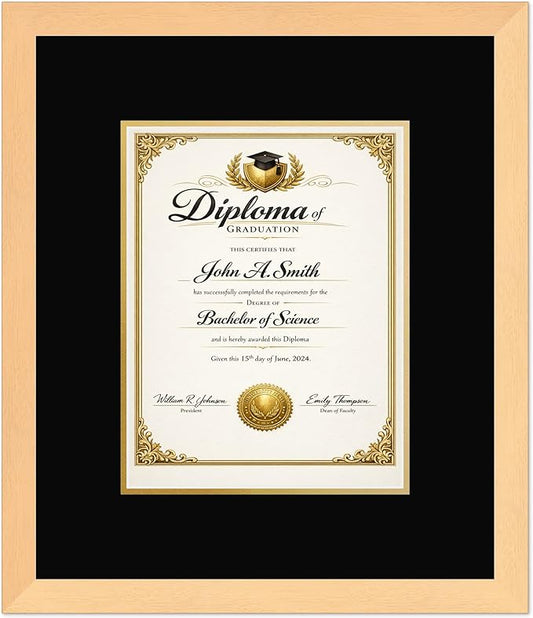 CountryArtHouse Diploma Frame Fits 8.5 x 11 Certificate (Portrait) - Keepsake Graduation Display Natural Wood Genuine Hardwood with Black Over Metallic Gold Double mat
