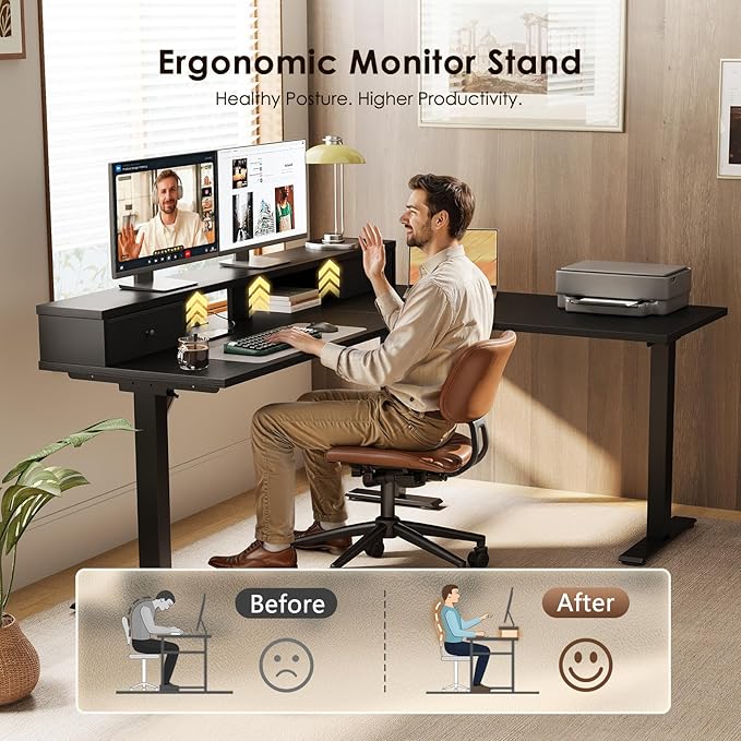 Casaottima 59 Inch Electric L-Shaped Standing Desk with Drawers, Height Adjustable Stand Up Corner Desk with Monitor Stand, Lift Table for Home, Office, Workstation, Black