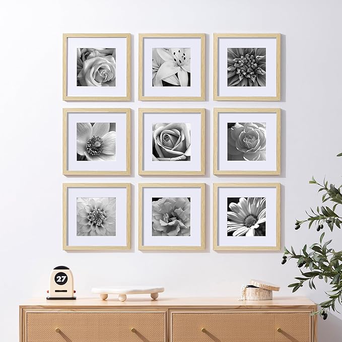 eletecpro 12x12 Picture Frames Set of 9 with Clear Acrylic Cover, Display 8x8 Photos with Mat or 12x12 Without, Classic and Sturdy Square Collage Gallery Wall Decor, Easy Wall Mount, Natural
