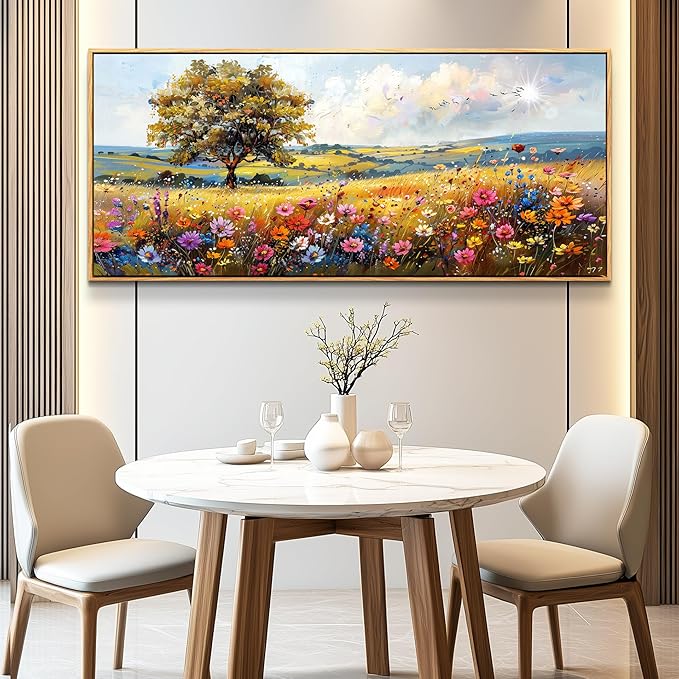 hyidecorart Farmhouse Wall Art For Living Room Pictures For Bedroom Wall Decor Natural Scenery Wall Painting Office Artwork Colorful Flowers And Trees Canvas Prints Hanging Decor Wood Framed 72x32