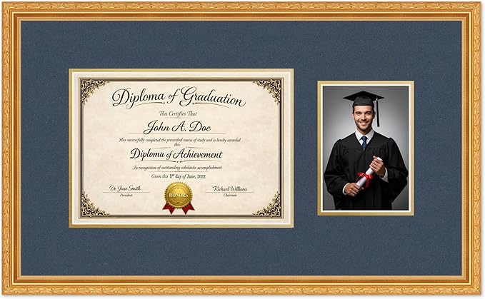 Diploma Frame With Photo Opening Museum Gold Navy Blue Over Gold Mat - Fits 11.69 x 8.27 Degree and Picture Made in the USA