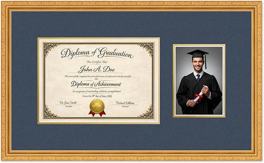 Diploma Frame With Photo Opening Museum Gold Navy Blue Over Gold Mat - Fits 11.69 x 8.27 Degree and Picture Made in the USA