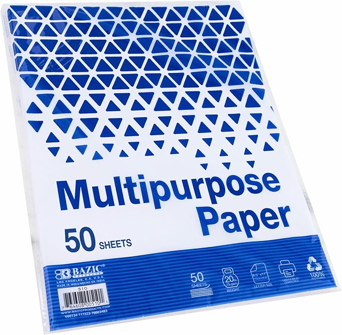 BAZIC Products Blank Paper Copy & Multipurpose Paper - 8.5" x 11" White Color Printer Paper for Inkjet, Laser, and Fax Machines, Ideal for Office, School, and Crafts, 50 Sheets/Pack, 25-Packs