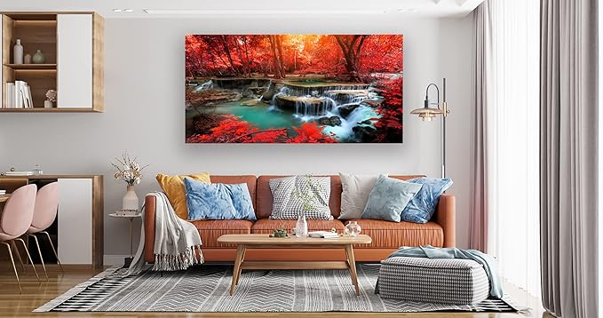 Muolunna BK03975 Wall Art Decor Canvas Print Picture Red Forest Waterfalls 1 Piece Modern Landscape Tree for Living Room Bedroom Kitchen Office Home Decorations Stretched and Framed Ready to Hang