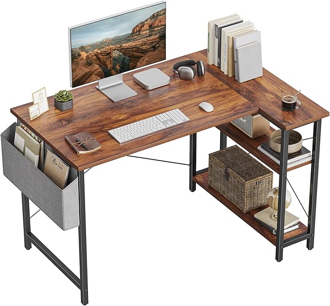 CubiCubi L Shaped Desk, 40 Inch Computer Desk with Reversible Storage Shelves Home Office Corner Desk Study Writing Table, Rustic Brown