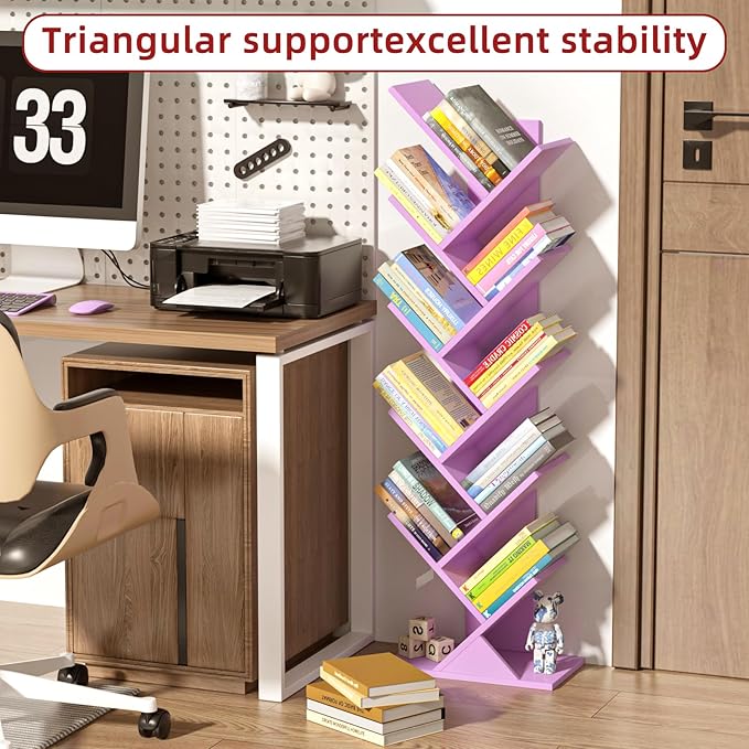 10 Tier Tree Book Shelf, Floor Standing Wood Bookshelf for Narrow Space, Storage Organizer Bookshelves for Books/CDs/Magazine, Bookcase with Shelves for Home Office, Living Room-Dream Purple